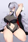  1girl alina_pegova azur_lane black_bra black_flower black_panties bra breasts cape cleavage eyebrows_visible_through_hair flower graf_zeppelin_(azur_lane) graf_zeppelin_(beachside_urd)_(azur_lane) grey_background hair_between_eyes hair_flower hair_ornament large_breasts lingerie long_hair looking_at_viewer navel open_mouth panties parted_lips red_cape red_eyes see-through seiza silver_hair simple_background sitting solo thighs underwear very_long_hair watermark web_address wristband 