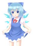  1girl :o absurdres blue_dress blue_eyes blue_hair cirno cowboy_shot dress eyebrows_visible_through_hair hair_between_eyes hair_ribbon highres lifted_by_self looking_at_viewer open_mouth pinafore_dress puffy_short_sleeves puffy_sleeves red_neckwear red_ribbon ribbon shirt short_hair short_sleeves simple_background skirt skirt_lift solo standing touhou white_background white_shirt wings yukina_kurosaki 