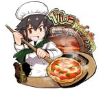  1girl bangs black_hair bottle braid brown_eyes chef_hat chef_uniform food girls_und_panzer hat neckerchief open_mouth oven pepper_shaker pepperoni_(girls_und_panzer) pizza short_hair smile solo steam tsukasa-emon twitter_username 