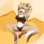  1:1 2017 anthro bed bodily_fluids bra breasts clothing eternity-zinogre felid female fur hi_res mammal multicolored_fur on_bed open_mouth panties pillow sitting solo tears three_tone_fur tuft underwear yawn 