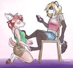  2019 5_fingers anthro blonde_hair blue_eyes bottomwear breasts brown_eyes cervid claws clothed clothing digital_media_(artwork) dipstick_tail domestic_ferret duo emale feet fingers hair hooves inner_ear_fluff interspecies kneeling mammal midriff multicolored_tail mustela mustelid musteline pink_nose shirt shorts simple_background sitting toe_claws topwear unimpressive wide_eyed 