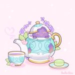  ^_^ artist_name beereckless closed_eyes cracked cup food gen_8_pokemon heart lavender macaron no_humans pink_background pokemon pokemon_(creature) polteageist simple_background solo steam teacup teapot 