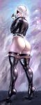  1girl ass blindfold boots headband high_heel_boots high_heels highleg highleg_leotard highres huge_ass jacket leather leather_belt leather_jacket leotard nier_(series) nier_automata parted_lips solo thick_thighs thigh_boots thighhighs thighs thong_leotard user_ztyx4448 white_hair yorha_no._2_type_b 
