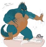  absurd_res anthro bath bathtub belly brown_scales claws dewlap_(anatomy) dialogue green_scales hi_res lizard male nude overweight overweight_male reptile scales scalie solo suds toe_claws unseen_character vetrowolf water 