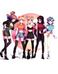  5girls aino_minako ankle_boots arm_tattoo artemis_(sailor_moon) bangs bare_shoulders bishoujo_senshi_sailor_moon black_bra black_cat black_gloves black_hair black_legwear black_pants blonde_hair blue_eyes boots bra bracelet breasts brown_eyes bubble_blowing cat chewing_gum choker cleavage collar combat_boots contemporary crescent crescent_earrings crop_top cropped_jacket cutoffs denim denim_shorts detached_sleeves double_bun dress earrings fingerless_gloves full_body gloves green_dress hair_bobbles hair_ornament hair_over_one_eye harleequeen heart_pendant high-waist_pants high_ponytail highres hino_rei inner_senshi jacket jewelry kino_makoto letterman_jacket lightning_bolt locked_arms long_hair long_legs looking_at_viewer luna_(sailor_moon) medium_breasts midriff mizuno_ami multiple_girls navel pants pendant plaid plaid_skirt pleated_skirt punk round_eyewear shoes short_dress shorts shoulder_tattoo skirt sneakers spiked_collar spikes standing stomach_tattoo sunglasses tattoo thighhighs torn_clothes torn_legwear tsukino_usagi twintails underwear very_long_hair white_cat white_pants zettai_ryouiki 