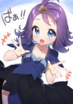  +++ 1girl :d acerola_(pokemon) armlet bangs black_skirt blue_eyes blue_shirt blush breasts collarbone commentary_request flipped_hair hair_ornament hands_up open_mouth parted_bangs pokemon pokemon_(game) pokemon_sm purple_hair shirt short_sleeves skirt small_breasts smile solo tousaki_shiina translated white_background 