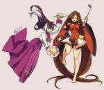  2girls absurdly_long_hair alternate_hairstyle barefoot black_hair breasts brown_eyes brown_hair china_dress chinese_clothes detached_sleeves dress flat_chest food fried_rice grey_hair guilty_gear guilty_gear_xrd hair_down headphones impossible_clothes impossible_dress jako_(toyprn) korean_clothes kum_haehyun kuradoberi_jam ladle large_breasts long_hair multicolored_hair multiple_girls plate purple_eyes red_dress thighs toes tripping twintails two-tone_hair very_long_hair wide_sleeves 
