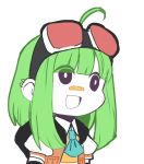  1girl :d ahoge ascot bandage_on_face bandaid bandaid_on_nose breast_pocket commentary earrings english_commentary goggles goggles_on_head green_hair gumi gyari_(imagesdawn)_(style) jewelry medium_hair nandemo_iu_koto_wo_kiite_kureru_akane-chan_(voiceroid) open_mouth parody pocket puffy_sleeves sidelocks smile solo starcircuits style_parody upper_body vocaloid 