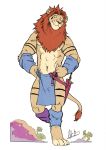  2013 abs anthro athletic barefoot biceps biped brown_fur brown_hair clothed clothing dagger felid front_view fur hair hi_res lion loincloth looking_at_viewer male mammal mane melee_weapon muscular negger nipples pantherine pecs pose red_nose shin_(negger) smile solo standing tan_fur topless walking weapon 