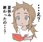  1girl brown_hair commentary_request fingernails food forehead fruit grey_eyes hair_tie hibino_mina highres holding holding_food karakai_jouzu_no_takagi-san long_hair looking_away low_ponytail official_art parted_lips ponytail shirt short_sleeves simple_background solo tan thick_eyebrows translation_request upper_body watermelon white_background white_shirt yamamoto_souichirou 
