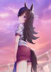  1girl animal_ears bloomers blue_hair blush brown_hair error fence from_below hair_over_one_eye highres horse_ears horse_tail long_hair looking_at_viewer multicolored_hair o-ring outdoors peaceyj pink_sky purple_eyes red_shorts rice_shower short_sleeves shorts standing sweat tail track two-tone_hair umamusume underwear very_long_hair 