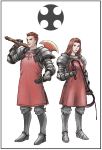  1boy 1girl armor axe brother_and_sister brown_eyes brown_hair gauntlets highres holding holding_axe holding_whip long_hair looking_at_viewer over_shoulder oz_mow_gracious ozma_mow_gracious siblings standing tactics_ogre tunic whip white_background windcaller 