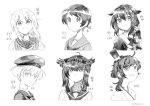  6+girls braid clothes_writing commentary_request greyscale hair_over_shoulder hat hatsuzuki_(kantai_collection) headband kantai_collection long_hair looking_at_viewer low_twintails matsukaze_(kantai_collection) mini_hat mini_top_hat mogami_(kantai_collection) mogamiya_honu monochrome multiple_girls satsuki_(kantai_collection) school_uniform serafuku shigure_(kantai_collection) short_hair single_braid top_hat trait_connection twintails z1_leberecht_maass_(kantai_collection) 
