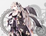  1girl absurdres azur_lane bangs bare_shoulders between_breasts black_kimono black_nails blush breasts cleavage earrings eyebrows_visible_through_hair flight_deck floral_print formidable_(azur_lane) frills fudo_shin grey_hair hair_ornament hair_ribbon hand_up highres japanese_clothes jewelry kimono large_breasts long_hair long_sleeves looking_at_viewer red_eyes ribbon solo twintails wide_sleeves 