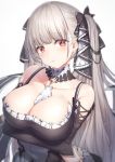  1girl arm_under_breasts azur_lane bangs bare_shoulders between_breasts black_dress blush breasts cleavage dress earrings eyebrows_visible_through_hair formidable_(azur_lane) frilled_dress frills grey_hair hair_ornament hair_ribbon jewelry large_breasts long_hair long_sleeves looking_at_viewer red_eyes ribbon solo topia twintails 