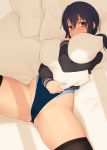  1girl bed black_hair black_jacket black_legwear blue_swimsuit brown_eyes commentary_request competition_swimsuit cowboy_shot highleg highleg_swimsuit highres jacket kajanda long_hair looking_at_viewer lying one-piece_swimsuit original pillow pillow_hug solo spread_legs swimsuit thighhighs 