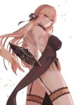  1girl absurdres alternate_costume ass bangs bare_shoulders blonde_hair blush breasts china_dress chinese_clothes closed_mouth dress eyebrows_visible_through_hair floating_hair garter_straps girls_frontline gloves highres holding large_breasts leg_garter long_hair looking_at_viewer ots-14_(girls_frontline) ru_zhai simple_background solo very_long_hair white_background yellow_eyes 