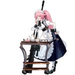  1girl alternate_costume anti-materiel_rifle apron bangs belt black_footwear black_ribbon breasts buckle cake cup dress drinking eyebrows_visible_through_hair food frills girls_frontline gun hand_on_hip holding holding_cup juliet_sleeves leg_up logo long_hair long_sleeves looking_at_cup maid maid_headdress mary_janes multiple_belts neck_ribbon ntw-20 ntw-20_(girls_frontline) official_art pantyhose pink_eyes pink_hair pinky_out puffy_sleeves ran_(pixiv2957827) ribbon rifle saucer scope shoes sidelocks skirt sniper_rifle solo table tassel teacup teapot transparent_background very_long_hair weapon white_legwear white_ribbon 