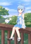  1girl artist_request bangs bare_shoulders black_footwear blue_hair blue_ribbon blue_skirt blush collarbone commentary_request day eyebrows_visible_through_hair green_eyes highres looking_at_viewer luo_tianyi outdoors ribbon see-through shoes short_hair_with_long_locks sidelocks sitting skirt smile solo tree vocaloid vsinger 