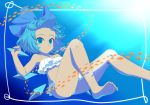  1girl absurdres air_bubble bare_legs bare_shoulders barefoot bikini blue_bow blue_eyes blue_hair border bow bubble cirno closed_mouth commentary_request feet fish floating_hair foot_out_of_frame frilled_bikini frills full_body hair_bow highres ice ice_wings looking_at_viewer shikabane_homura short_hair smile soles solo sunlight swimsuit tan toes touhou underwater wings 