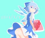  1girl absurdres ass blue_background blue_bow blue_dress blue_eyes blue_hair bouquet bow cirno commentary_request dated dress eyebrows_visible_through_hair eyes_visible_through_hair flower hair_bow highres ice ice_wings looking_at_viewer looking_back no_panties puffy_short_sleeves puffy_sleeves rose shikabane_homura shirt short_hair short_sleeves simple_background smile solo touhou white_shirt wings 