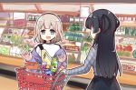  2girls artist_request black_hair black_skirt blue_eyes commentary_request food grey_hair highres idolmaster idolmaster_shiny_colors jacket long_hair mayuzumi_fuyuko multiple_girls open_mouth plaid plaid_shirt purple_jacket serizawa_asahi shirt shopping_basket shopping_cart short_hair skirt snack supermarket two_side_up white_shirt 