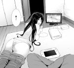  1boy 1girl ? absurdres ass black_hair controller game_console game_controller greyscale highres indoors long_hair lying manno_(kanpi2100) monochrome on_stomach open_mouth original panties pants_pull playing_games shirt sitting speech_bubble super_smash_bros. television text_focus translation_request underwear white_panties wii wii_remote 