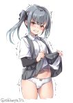  1girl angry arm_warmers ass_visible_through_thighs blush bow bow_panties breasts brown_eyes cameltoe clenched_teeth collared_shirt commentary_request cropped_legs ebifurya eyebrows_visible_through_hair grey_hair hair_ribbon highres kantai_collection kasumi_(kantai_collection) lifted_by_self long_hair looking_at_viewer navel open_mouth panties ribbon shirt side_ponytail simple_background skirt skirt_lift solo suspenders tearing_up teeth trembling twitter_username underwear white_background white_panties white_shirt 