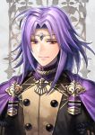  1boy alternate_costume bangs cape circlet closed_mouth commentary_request fire_emblem fire_emblem:_the_sacred_stones fire_emblem:_three_houses garreg_mach_monastery_uniform haru_(toyst) long_hair looking_at_viewer lyon_(fire_emblem) male_focus parted_bangs purple_cape purple_hair school_uniform signature smile solo upper_body 
