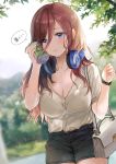  1girl absurdres bag bangs blue_eyes blurry blurry_background bra bralines breasts brown_hair can casual cleavage collared_shirt commentary_request dress go-toubun_no_hanayome hair_between_eyes handbag headphones headphones_around_neck highres large_breasts leaf long_hair nakano_miku outdoors saya_(mychristian2) shirt shorts soda_can standing sweat thighs tree underwear watch 