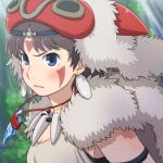  1girl bare_arms blue_eyes brown_hair closed_mouth commentary_request earrings facepaint facial_mark fur headband jewelry mask mononoke_hime necklace san short_hair solo studio_ghibli tooth_necklace yazwo 