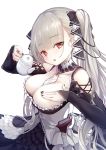  1girl :o azur_lane bangs bare_shoulders between_breasts black_dress black_nails blush breast_suppress breasts cleavage cowboy_shot dress earrings eyebrows_visible_through_hair formidable_(azur_lane) frilled_dress frills grey_hair hair_ornament hair_ribbon head_tilt holding_teapot jewelry kurenai_musume large_breasts long_hair long_sleeves looking_at_viewer red_eyes revision ribbon rigging simple_background solo twintails white_background 