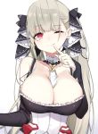  1girl azur_lane bangs bare_shoulders between_breasts black_dress blush breasts cleavage collarbone detached_sleeves dress earrings eyebrows_visible_through_hair finger_to_mouth formidable_(azur_lane) frilled_dress frills gradient gradient_background hair_ornament hair_ribbon hand_up ichiki_1 jewelry large_breasts long_hair long_sleeves looking_at_viewer maid one_eye_closed red_eyes ribbon silver_hair smile solo twintails upper_body 