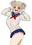  1girl absurdres ass bangs blonde_hair boku_no_hero_academia breasts double_bun highres large_breasts long_sleeves looking_at_viewer messy_hair miniskirt open_mouth school_uniform sharp_teeth skirt teeth the_only_shoe toga_himiko yellow_eyes 