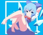  1girl absurdres arms_behind_head bare_legs barefoot blue_background blue_dress blue_eyes blue_hair bow bowtie character_name cirno closed_mouth commentary_request crossed_legs dress eyebrows_visible_through_hair eyes_visible_through_hair feet hair_bow highres ice ice_wings leg_lift looking_at_viewer lying on_back panties pantyshot pantyshot_(lying) puffy_short_sleeves puffy_sleeves red_neckwear romaji_text shikabane_homura short_hair short_sleeves simple_background smile solo striped striped_panties toenail_polish toenails toes touhou underwear wings 