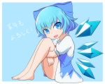  1girl bare_legs barefoot blue_background blue_bow blue_dress blue_eyes blue_hair bow cirno commentary_request dress eyebrows_visible_through_hair eyes_visible_through_hair fang feet hair_bow highres ice ice_wings leg_hug looking_at_viewer open_mouth puffy_short_sleeves puffy_sleeves red_neckwear shikabane_homura shirt short_hair short_sleeves simple_background sitting skin_fang smile solo toes touhou translation_request white_shirt wings 
