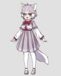  1girl adapted_costume animal_ears blue_eyes bow bowtie center_frills collar commentary_request dog_(mixed_breed)_(kemono_friends) dog_ears dog_tail dress eyebrows_visible_through_hair fang frilled_collar frilled_sleeves frills full_body gloves grey_dress grey_footwear grey_hair harness heterochromia kemono_friends long_sleeves mary_janes multicolored_hair nyifu open_mouth outstretched_arms pantyhose pleated_dress red_neckwear shoes short_hair solo tail two-tone_hair white_gloves white_hair white_legwear white_sleeves yellow_eyes 