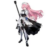  1girl alternate_costume anti-materiel_rifle apron bangs belt black_footwear black_ribbon breasts buckle buttons cake damaged dress eyebrows_visible_through_hair food framed_breasts frills girls_frontline gun holding holding_gun holding_plate holding_weapon juliet_sleeves large_breasts logo long_hair long_sleeves looking_at_viewer maid maid_headdress mary_janes multiple_belts neck_ribbon ntw-20 ntw-20_(girls_frontline) official_art pantyhose parted_lips pink_eyes pink_hair plate puffy_sleeves ran_(pixiv2957827) ribbon rifle scope shoes sidelocks skirt sniper_rifle solo standing tassel torn_clothes torn_dress torn_legwear transparent_background very_long_hair weapon white_legwear 
