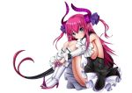  1girl alternate_breast_size blue_eyes breasts commentary_request dragon_girl dragon_horns dragon_tail elizabeth_bathory_(fate) elizabeth_bathory_(fate)_(all) expressionless eyebrows_visible_through_hair fate/extra fate/extra_ccc fate/grand_order fate_(series) frilled_skirt frills horns idol large_breasts long_hair looking_at_viewer pink_hair pointy_ears saishuu_rori_densha sideboob skirt solo tail white_background 