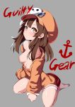 1girl absurdres anchor breasts brown_eyes brown_hair guilty_gear hat highres long_hair may_(guilty_gear) naked_coat orange_headwear orange_shirt pirate_hat shirt sitting skull_and_crossbones solo trap_(drthumt) wariza 