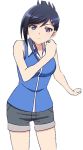  1girl 2017 absurdres alternate_costume artist_request blue_eyes blue_hair casual closed_mouth cosplay elina_marshmallow folded_ponytail grey_shorts hair_ornament hairclip inou-battle_wa_nichijou-kei_no_naka_de kudou_mirei official_art scan short_hair short_shorts shorts white_background 