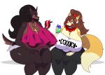  2019 anthro areola beverage_can big_breasts black_hair black_nose breasts brown_hair canid canine canis clothed clothing cross digital_media_(artwork) dipstick_tail dobermann domestic_dog duo eyeshadow female fox hair hi_res holding_object huge_breasts jewelry laverne_(sssonic2) long_hair makeup mammal maya_(sssonic2) multicolored_tail necklace pinscher red_eyes simple_background sssonic2 thick_thighs voluptuous white_background yellow_eyes 