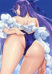  1girl adjusting_clothes adjusting_swimsuit ass ass_focus back backless_outfit bare_back bare_shoulders blue_swimsuit cloud detached_sleeves fate/grand_order fate_(series) frilled_sleeves frills from_below hair_ribbon highleg highleg_swimsuit highres long_hair meltryllis meltryllis_(swimsuit_lancer)_(fate) mhk_(mechamania) one-piece_swimsuit purple_hair ribbon shoulder_blades sky solo strapless strapless_swimsuit swimsuit very_long_hair 