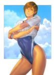  1girl brown_hair cloud competition_swimsuit covered_navel dark_skin grin homare_(fool&#039;s_art) looking_at_viewer one-piece_swimsuit one_eye_closed original purple_eyes shirt short_hair smile solo swimsuit tan undressing 