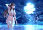  1girl armpits bangs bare_shoulders bikini breasts brown_bikini brown_eyes brown_hair cloud commentary_request full_moon ge_xi hand_to_head hip_focus large_breasts long_hair mid-autumn_festival moon moonlight navel night night_sky one_knee original parted_lips qin_xiang_(ge_xi) revealing_clothes revealing_swimsuit sideboob sky swimsuit thighs tsukimi underboob wind_turbine windmill 