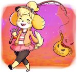  2015 animal_crossing anthro blonde_hair bottomwear canid canine canis clothing coraline_(mii) domestic_dog eyes_closed female fishing_rod footwear hair halloween headgear headwear holidays isabelle_(animal_crossing) mammal nintendo open_mouth shih_tzu shirt shoes skellytune skirt smile solo streetpass_mii_plaza topwear toy_dog ultimate_angler video_games walking 