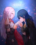 2girls bangs blush byleth_(fire_emblem) byleth_(fire_emblem)_(female) cape closed_eyes closed_mouth cravat edelgard_von_hresvelg english_text eyebrows_visible_through_hair fire_emblem fire_emblem:_three_houses garreg_mach_monastery_uniform gloves green_hair hair_between_eyes hand_kiss highres kiss long_hair looking_at_another multiple_girls open_mouth parted_lips purple_hair red_cape shards uniform white_hair xiao_guan yuri 