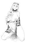  1girl bangs bare_shoulders bikini bikini_pull black_bikini blush bracelet breasts carmilla_(fate/grand_order) carmilla_(swimsuit_rider)_(fate) choker earrings eyewear_on_head fate/grand_order fate_(series) greyscale jewelry kneeling large_breasts long_hair looking_at_viewer masturbation monochrome moopiekun navel parted_bangs pussy_juice sheer_clothes simple_background solo sunglasses swimsuit thighs white_background 