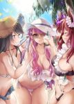  3girls ;d ^_^ ^o^ aizono_manami ass_visible_through_thighs bikini black_bikini black_hair blue_sky blush breasts bubble_tea cellphone cleavage closed_eyes cloud commentary dola_(nijisanji) drinking_straw earrings eyebrows_visible_through_hair fang gundou_mirei hat highres hikimayu horns jewelry large_breasts long_hair mason_jar multiple_girls navel nijisanji one_eye_closed open_clothes open_mouth open_shorts outdoors palm_tree phone pink_hair red_eyes red_hair shorts sky smartphone smile sun_hat sunglasses sunlight swimsuit symbol-shaped_pupils thomasz tree very_long_hair virtual_youtuber white_bikini 