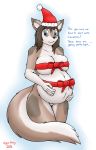  anthro belly big_belly blush canid canine canis female gyro-furry mammal pregnant ribbons solo wolf 